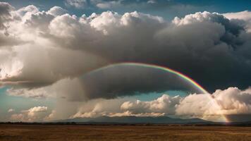 ai generato arcobaleno allungamento al di sopra di nuvoloso cielo sopra campo, banca di nuvole lentamente passaggio di con un' arcobaleno apparendo, ai generato video