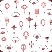 Seamless pattern of red outline Chinese lantern, fan, and knot on transparent background vector