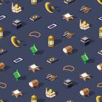 Seamless pattern of ramadan isometric icons on dark blue background vector