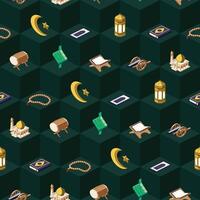 Seamless pattern of colored ramadan icons on dark green isometric background vector