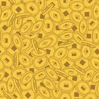 Hand drawn stack of endless old Chinese gold coins seamless pattern background vector