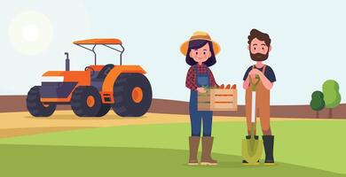 Couple farmers on the background of a field and a tractor. Agricultural work. Vector illustration in cartoon style