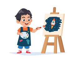 Cute little artist holds a palette and paints brushes on canvas. vector