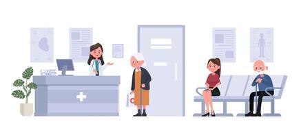 la recepcionista y los pacientes se sientan y esperan frente a la habitación en el hospital al estilo plano. personaje de dibujos animados de ilustración vectorial vector