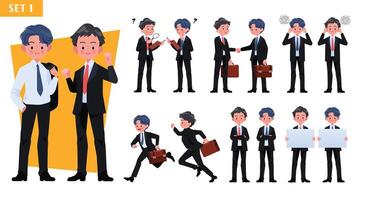 Vector set of two businessman characters gestures and actions Professional office workers stand, run, work, jump, search, etc.