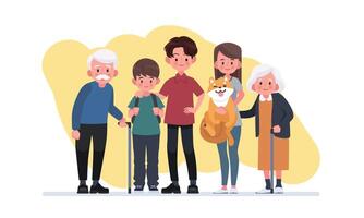 Happy big family standing together flat vector illustration.