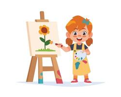 linda niña artista sosteniendo una paleta de colores y pintando con pincel en el lienzo vector