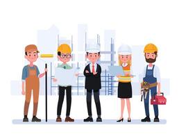 Technicians people group, engineering worker and construction. Industrial engineers workers, builders characters isolated cartoon vector illustration