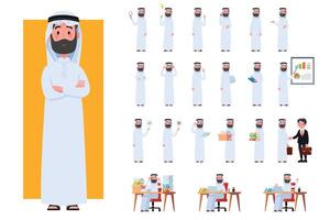 Diverse set of Arab man on white background. Muslim businessman with gadgets in flat design people characters. vector