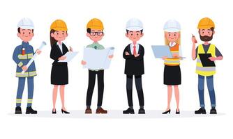 Engineers cartoon set with civil engineering construction workers architect and surveyor isolated vector illustration