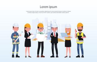 Engineers cartoon set with civil engineering construction workers architect and surveyor isolated vector illustration