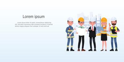 Engineers cartoon set with civil engineering construction workers architect and surveyor isolated vector illustration