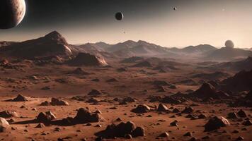 AI generated This video features an artists realistic depiction of a rocky landscape with multiple planets visible in the background, A vast alien landscape of distant planets and asteroids