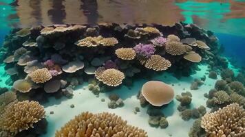 ai generado un amplio variedad de corales habitando un vibrante coral arrecife ecosistema, un parte superior ver de coral arrecifes debajo cristal claro azul Oceano aguas, ai generado video