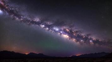 ai gerado uma grandes exposição tiro capturando a leitoso caminho dentro a deserto, destacando a deslumbrante celestial exibição contra a deserto paisagem, uma espaço de tempo vídeo do a leitoso caminho galáxia video