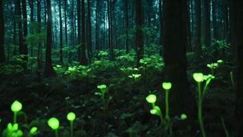 ai generiert üppig Grün Wald kommt am Leben mit beschwingt Pflanzen Biolumineszenz glühen verbessert, infundieren ein magisch Element in das Landschaft, ein ätherisch Biolumineszenz Wald im das Tiefe von Nacht video