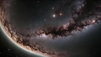 AI generated an image of a colossal star shining brightly in the vast sky, dwarfing everything around it, An entire galaxy seen from the vantage point of its outer rim, AI Generated video