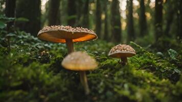 ai generato funghi grappolo su vivace fogliame nel un incantata foresta a notte, lavorazione un' mistico e travolgente scena, un incantata foresta nel il notte, con luminescente impianti e funghi video