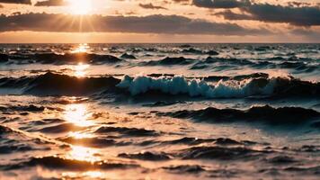 AI generated Experience the sunset on the vast ocean, casting a warm glow on rolling waves, creating tranquil peace, An early morning sunrise over a sparkling ocean, AI Generated video