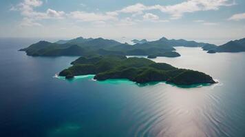 AI generated an aerial perspective of an island situated in the middle of the vast ocean, surrounded by blue waters, Aerial view revealing hidden islands amid blue vast ocean, AI Generated video