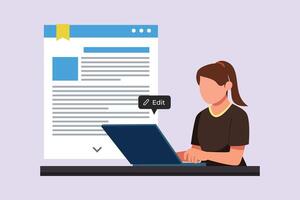 Concept of computer work, text typing, posting. Colored flat vector illustration isolated.