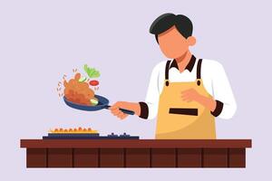 People cooking concept on kitchen table. Colored flat vector illustration isolated.