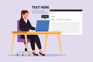 Concept of computer work, text typing, posting. Colored flat vector illustration isolated.