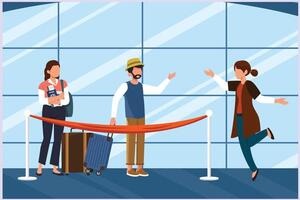 contento personas de viaje a aeropuerto. concepto de pasajero ocupaciones a el aeropuerto. de colores plano vector ilustración aislado.