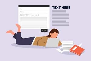 Concept of computer work, text typing, posting. Colored flat vector illustration isolated.