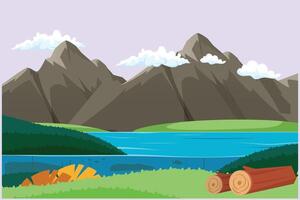 Landscape with green grass, trees, sky horizon and Mountains. Nature concept. Colored flat vector illustration isolated.