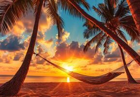 AI generated Hammock on beach at beautiful sunset near ocean shore attached to a palm tree. Caribbean vacation photo