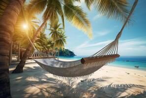 AI generated Hammock on beach at beautiful sunset near ocean shore attached to a palm tree. Caribbean vacation photo