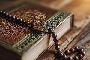 AI generated Concept of sacred arab book with praying beads photo