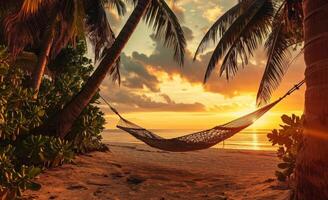 AI generated Hammock on beach at beautiful sunset near ocean shore attached to a palm tree. Caribbean vacation photo