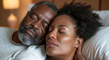 AI generated Mature happy senior black couple sleeping together and sharing a healthy sleep photo