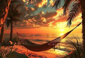 AI generated Hammock on beach at beautiful sunset near ocean shore attached to a palm tree. Caribbean vacation photo