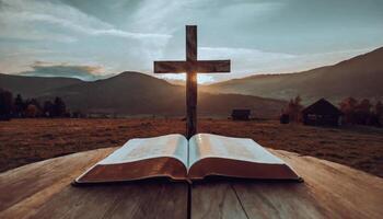 ai generado abierto Biblia libro en un de madera mesa a puesta de sol con cruzar en frente de él. fuerte cristiano fe foto