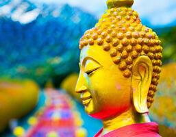 AI generated Golden Buddhist statues near Buddhist temple photo