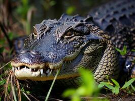 AI generated Crocodile waiting for its prey hiding in the ambush photo