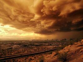 AI generated Desert sand storm bringing dust over the city engulfs it in darkness, eco catastrophe photo
