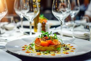 ai generado cena en costoso exclusivo restaurante con Exquisito comida y lentes de francés vino foto