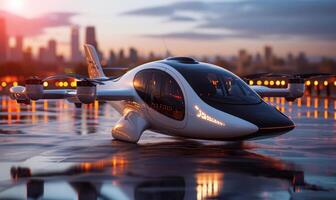 AI generated Flying taxi car, transport of the future, ready to take off from the helipad photo