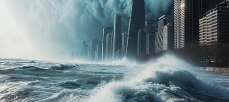 AI generated Tsunami destroys city shore, infrastructure and causing catastrophic damage and floods photo