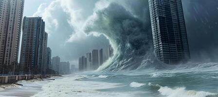 ai generado tsunami destruye ciudad costa, infraestructura y causando catastrófico dañar y inundaciones foto