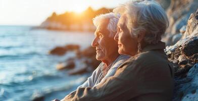 AI generated Healthy and happy senior couple enjoying retirement close to a beach property photo