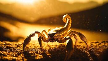 ai generado escorpión en un Desierto en un duna a puesta de sol foto