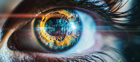 AI generated Biometric security and facial recognition, iris and retina scan identification technology photo