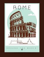 Rome City poster illustration. Around the world, cityscape and skyline vintage poster art of Rome city with colosseum. vector