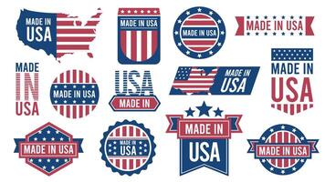 Made in USA badges. American national flag label with text and seal, vintage usa stamp with guarantee. Vector patriotic emblem set