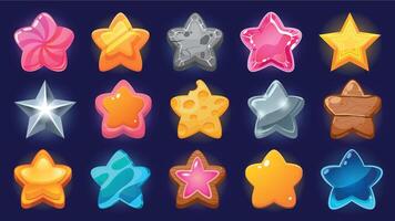 Cartoon game star. Level up and win bonus UI icon for mobile game and web application, colorful various stars of different shapes and colors. Vector award graphic set